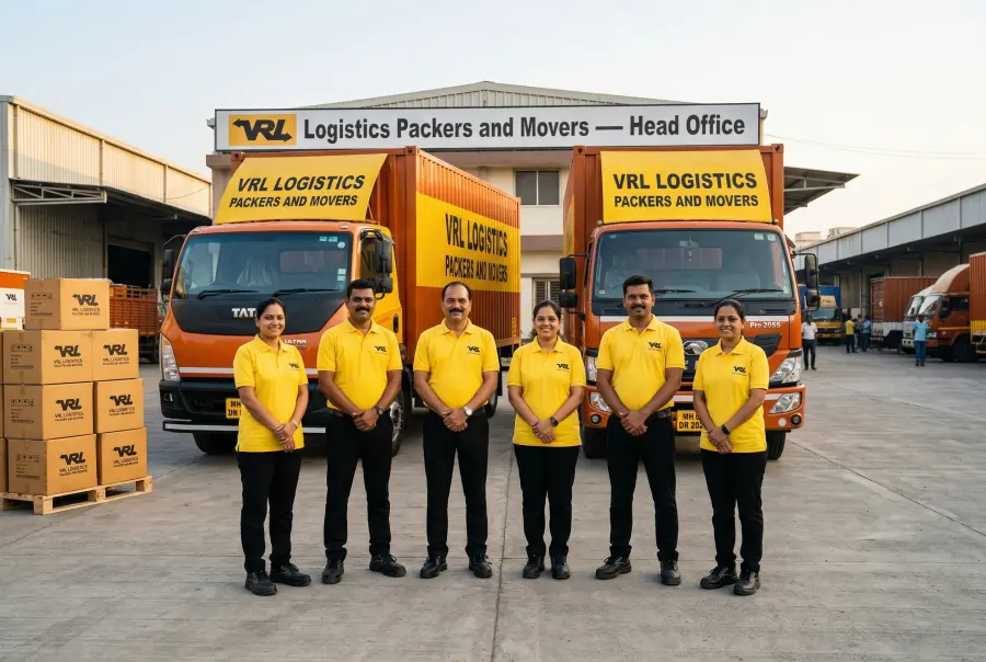 VRL Logistics leadership and operations team professional group photo at their logistics facility. Six Indian men and women in clean yellow T-shirts with VRL…