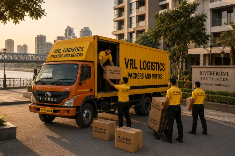 VRL Logistics Packers and Movers branded truck and team handling a relocation in Ahmedabad