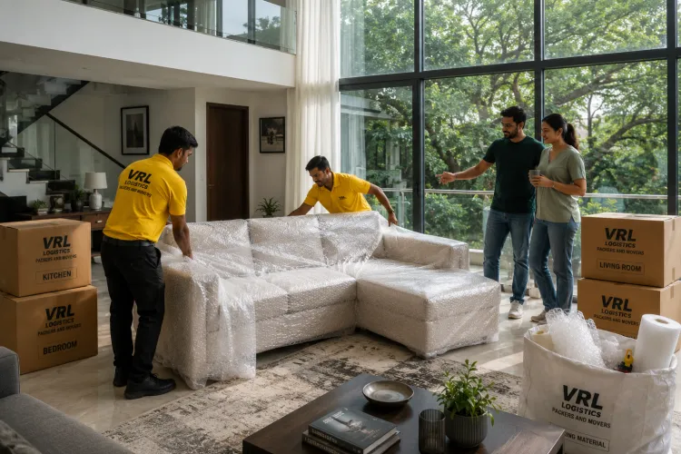 VRL Logistics movers delivering and placing bubble-wrapped furniture at a new home in Bengaluru
