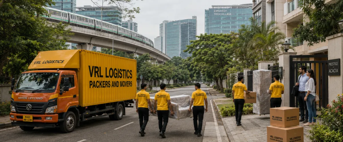Packers and Movers in Bengaluru — VRL Logistics team loading a branded moving truck for a household relocation