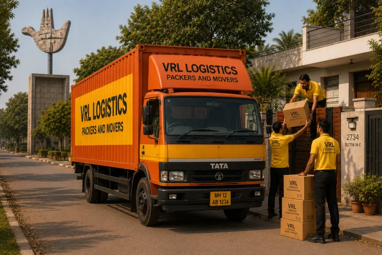 VRL Logistics Packers and Movers branded truck and team handling a relocation in Chandigarh