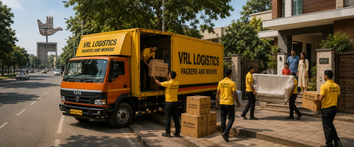 Packers and Movers in Chandigarh — VRL Logistics team loading a branded moving truck for a household relocation