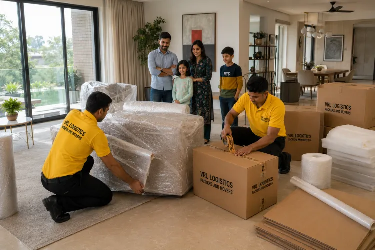 Movers wrapping furniture in bubble wrap and sealing branded VRL Logistics boxes during a home packing service in Chandigarh