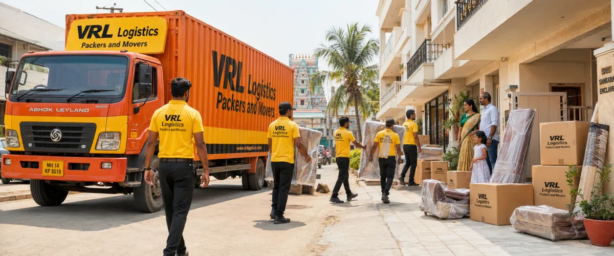 Packers and Movers in Chennai — VRL Logistics team loading a branded moving truck for a household relocation