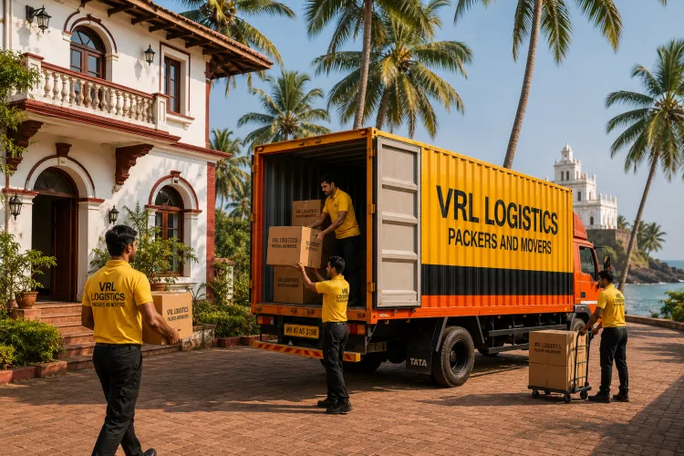 VRL Logistics Packers and Movers branded truck and team handling a relocation in Goa