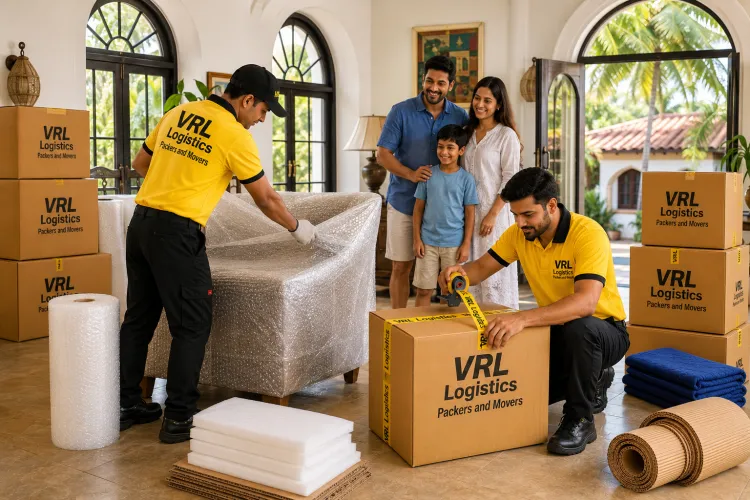 Movers wrapping furniture in bubble wrap and sealing branded VRL Logistics boxes during a home packing service in Goa