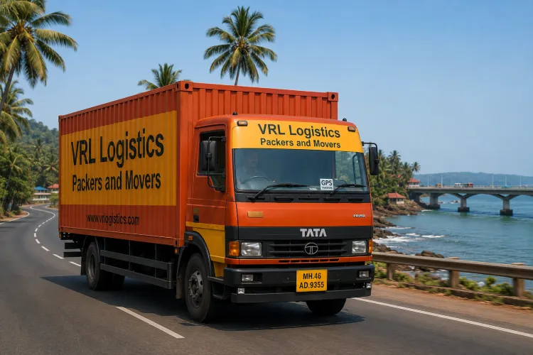VRL Logistics Packers and Movers branded truck providing safe, GPS-tracked goods transport in Goa