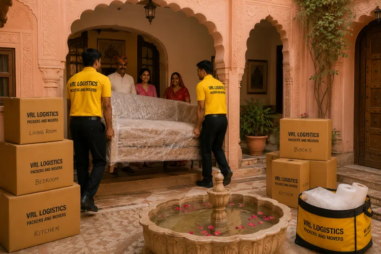 VRL Logistics movers delivering and placing bubble-wrapped furniture at a new home in Jaipur