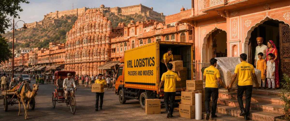 Packers and Movers in Jaipur — VRL Logistics team loading a branded moving truck for a household relocation