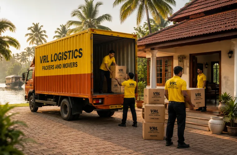 VRL Logistics Packers and Movers branded truck and team handling a relocation in Kerala