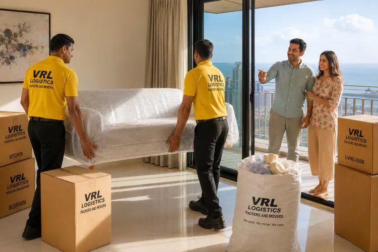 VRL Logistics movers delivering and placing bubble-wrapped furniture at a new home in Mumbai