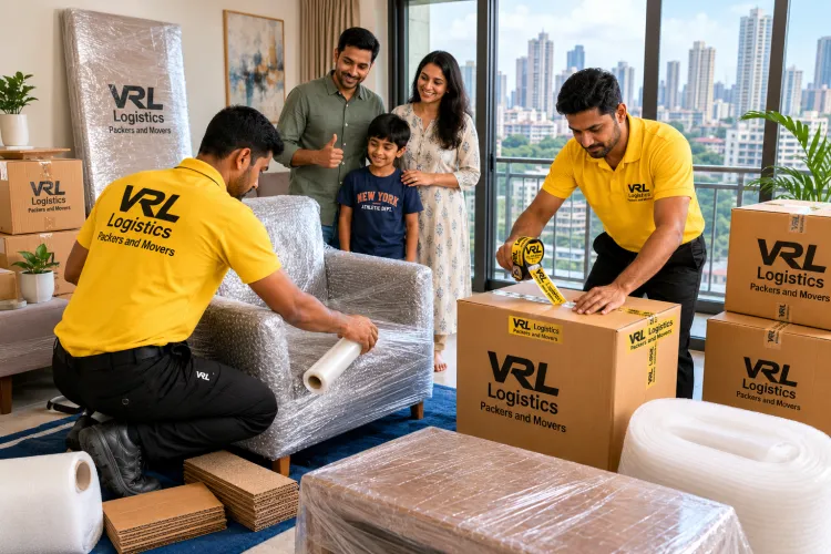 Movers wrapping furniture in bubble wrap and sealing branded VRL Logistics boxes during a home packing service in Mumbai