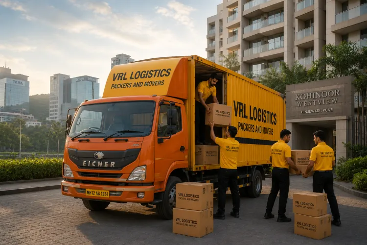 VRL Logistics Packers and Movers branded truck and team handling a relocation in Pune