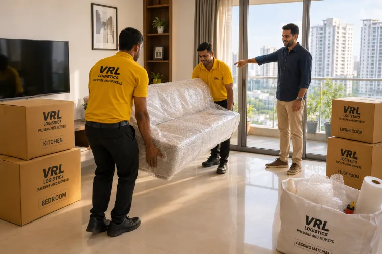 VRL Logistics movers delivering and placing bubble-wrapped furniture at a new home in Pune