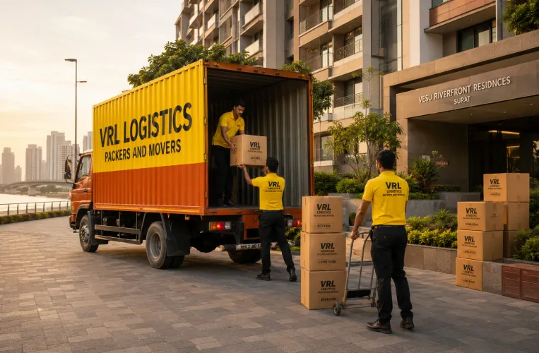 VRL Logistics Packers and Movers branded truck and team handling a relocation in Surat