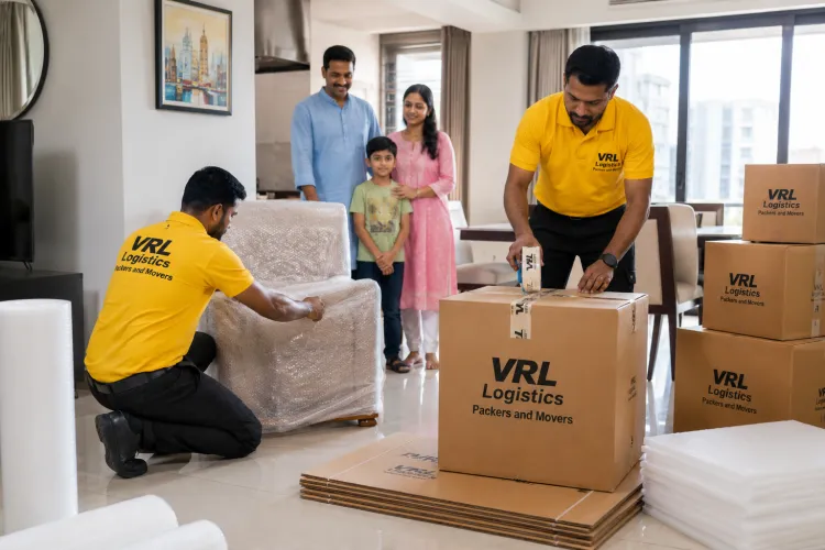 Movers wrapping furniture in bubble wrap and sealing branded VRL Logistics boxes during a home packing service in Surat