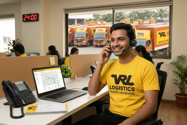 A friendly Indian support executive in a clean yellow T-shirt with VRL Logistics Packers and Movers in bold black text, wearing a headset, smiling while on a…