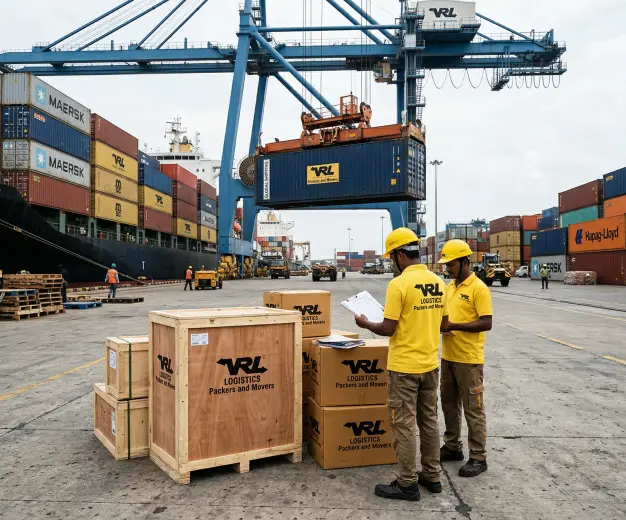 An Indian freight terminal with a shipping container being loaded by crane. Workers in clean yellow T-shirts with VRL Logistics Packers and Movers in bold bl…