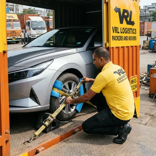 Close-up of a sedan car secured inside an enclosed vehicle carrier. The carrier is orange and yellow with VRL Logistics Packers and Movers in bold black text…