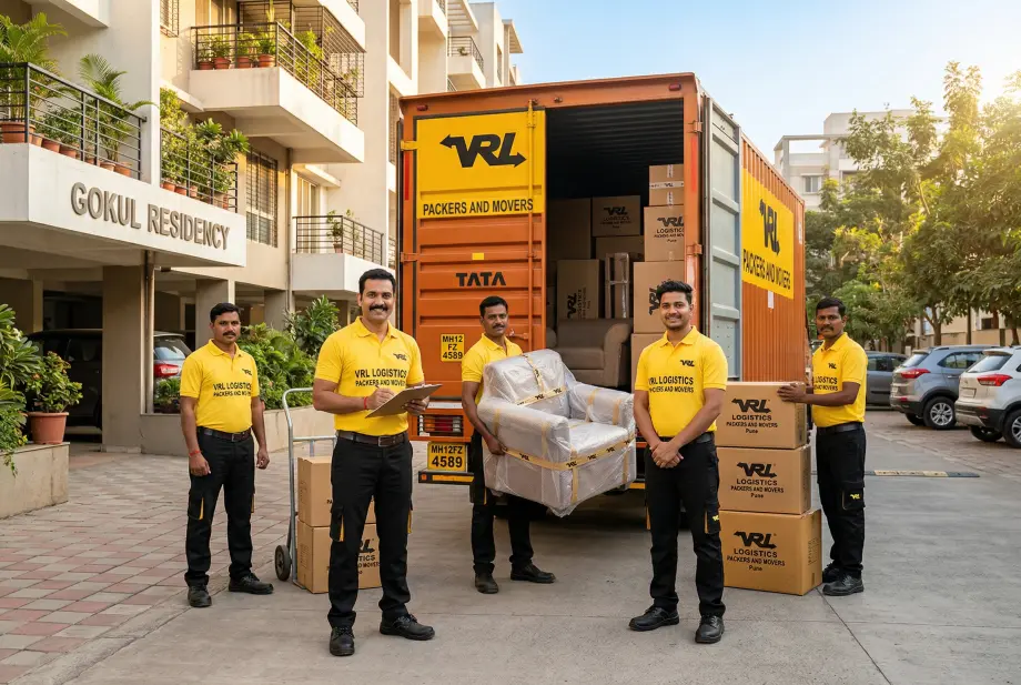 A team of 5 Indian movers in clean yellow T-shirts with VRL Logistics Packers and Movers printed in bold black text, black trousers, and black safety shoes, …