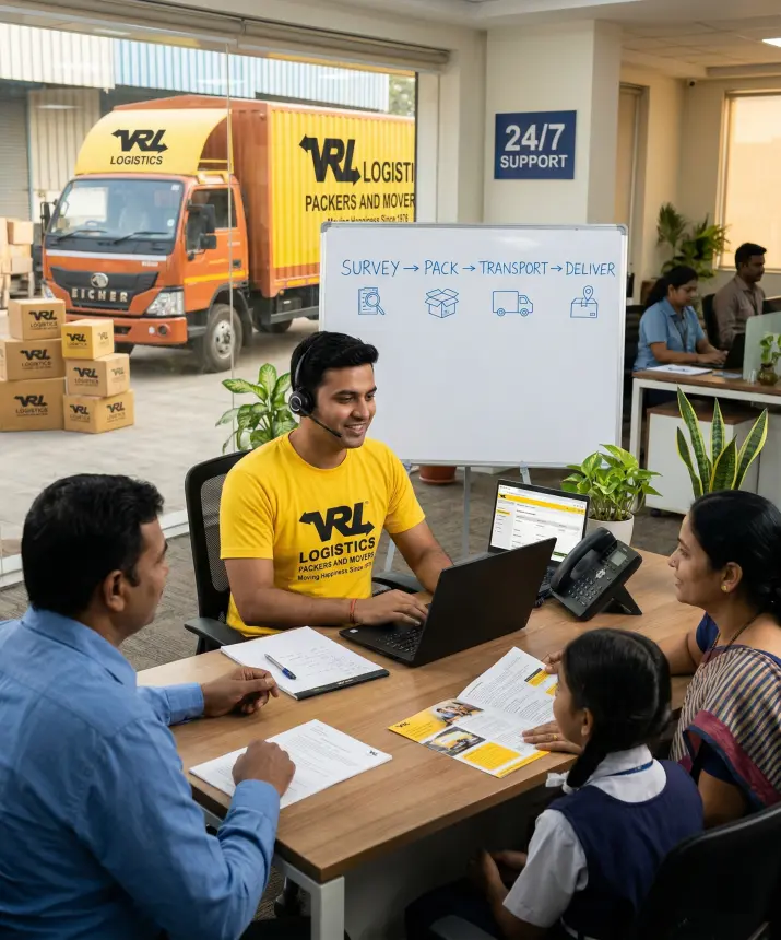 A friendly Indian customer service representative in a clean yellow T-shirt with VRL Logistics Packers and Movers in bold black text, wearing a headset, sitt…