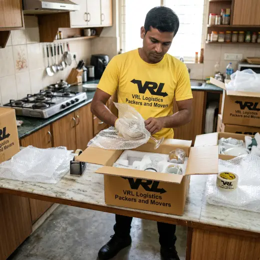 Household move packing — professional multi-layer protective packing by VRL Logistics team