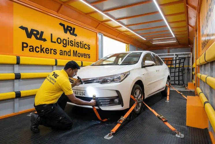 Enclosed car carrier for secure vehicle transport across India by VRL Logistics — scratch-free delivery
